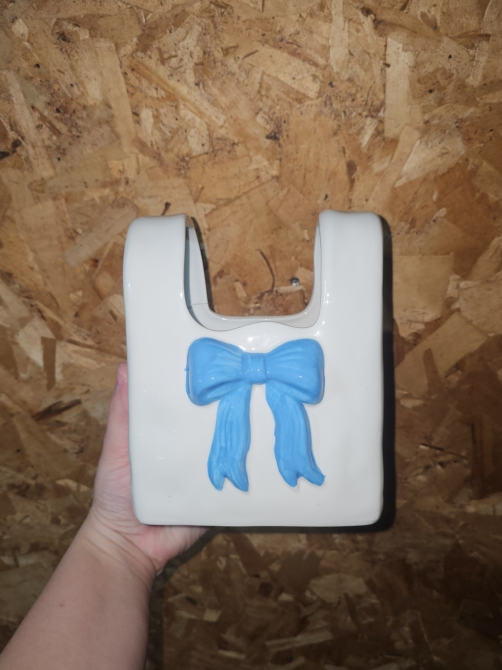 White Ceramic Tote Vase with Blue Bow